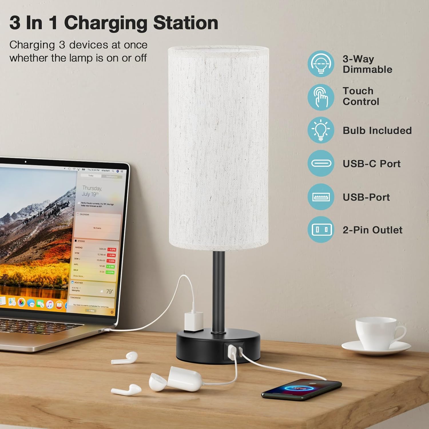 Bedside Table Lamp for Bedroom - 3 Way Dimmable Touch Lamp USB C Charging Ports and AC Outlet, Small Lamp Wood Base Round Flaxen Fabric Shade for Living Room, Desk, LED Bulb Included