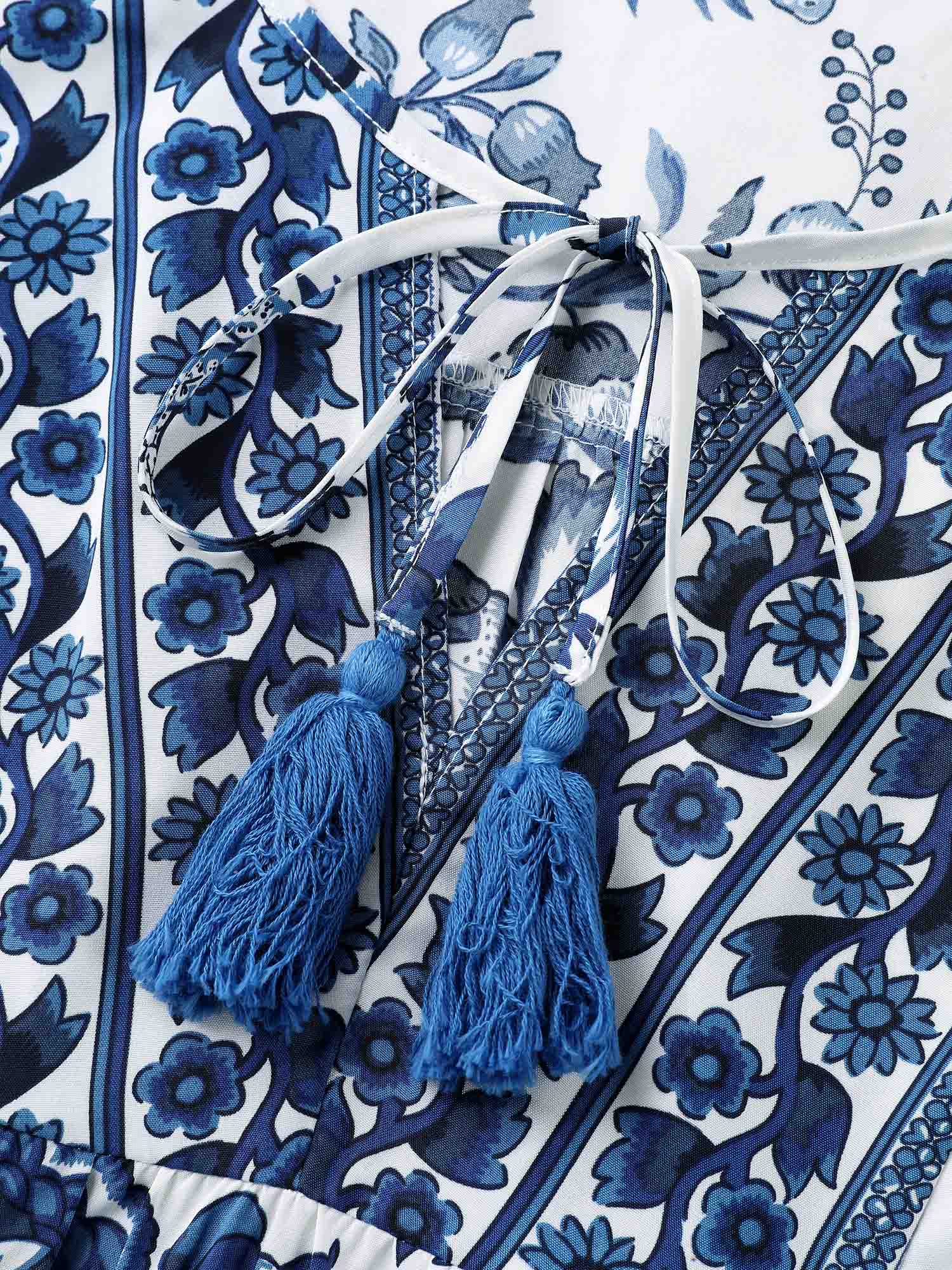 Floral Print Neck Tassels Blouse