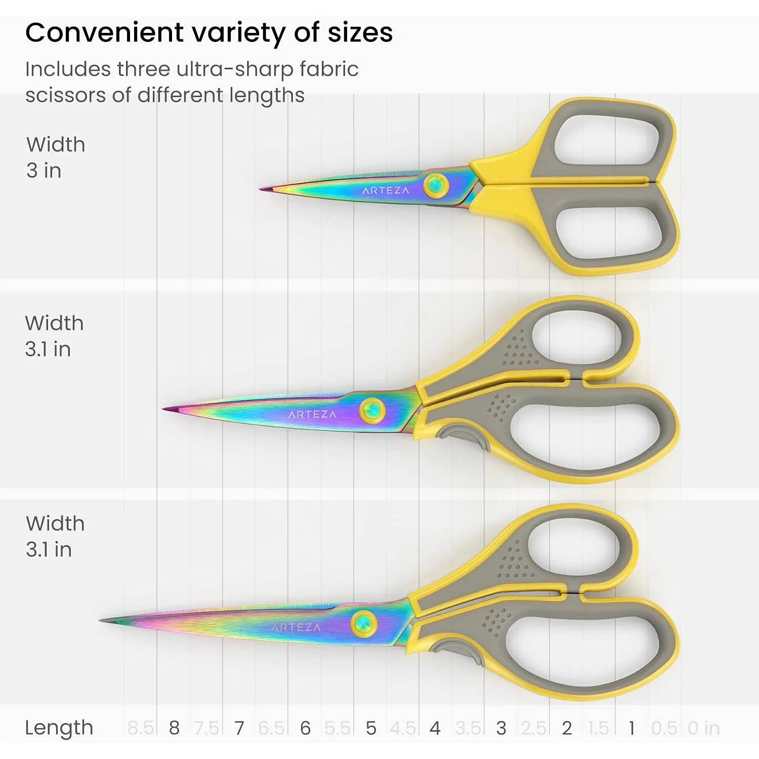 ARTEZA Titanium-Coated Stainless Steel Fabric Scissors, Set of 3 .C 7, 8.25, and 9 Inches