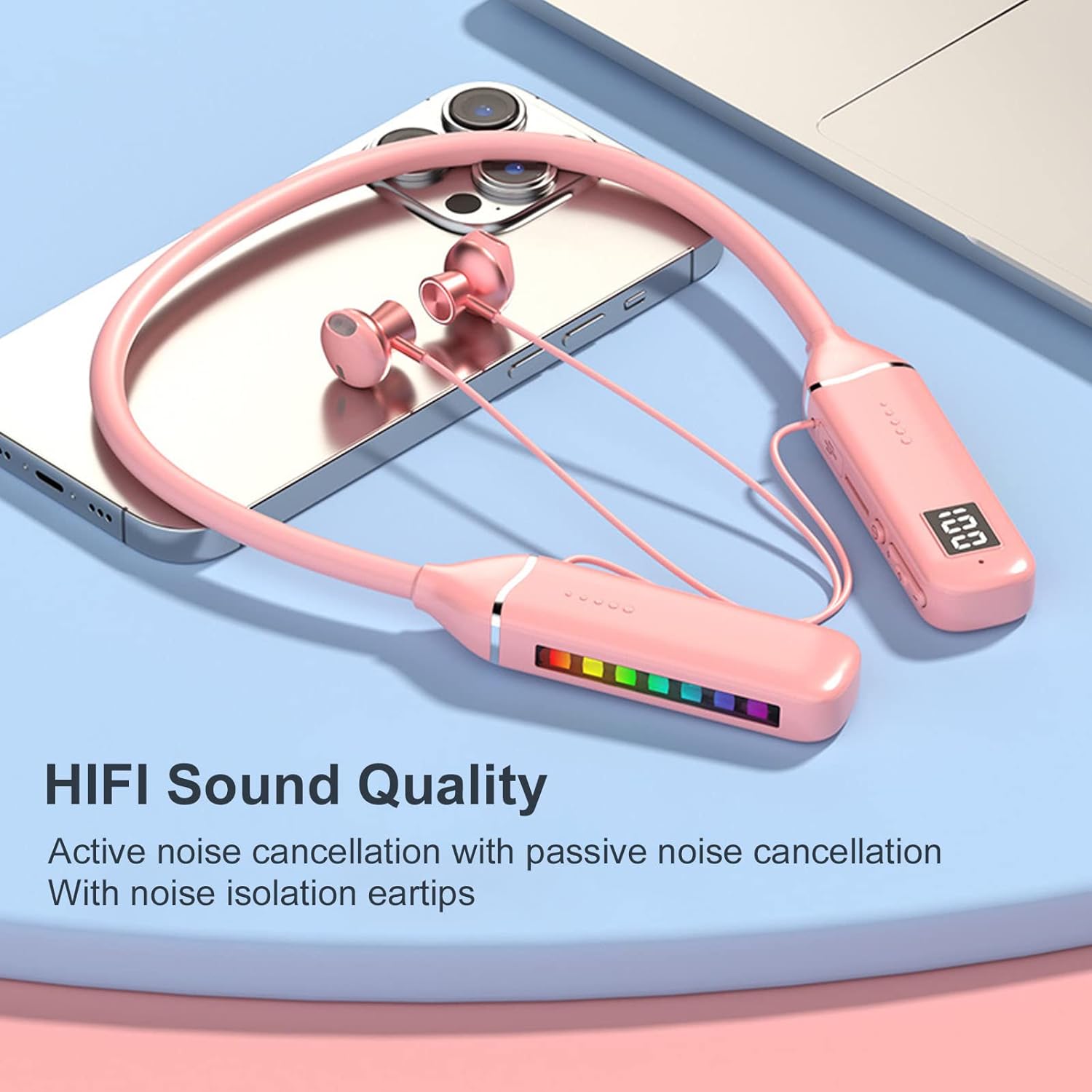 Bluetooth Neckband Headphone, Neckband Earphones Wireless, LED Power Display Memory Card Playback Magnetic Earbuds Headset with RGB Backlight (Black)