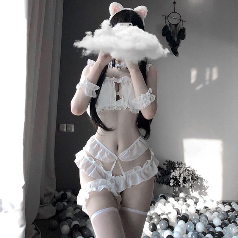 Ruffle Chiffon Cat Ears Headband Stockings Lingerie