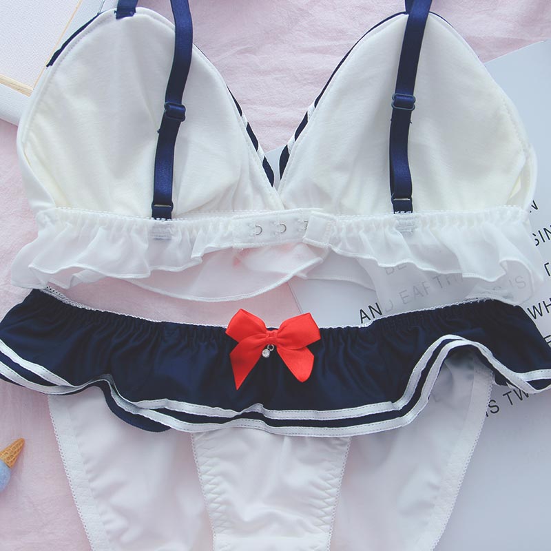 Navy Style Bow knot Lingerie Set