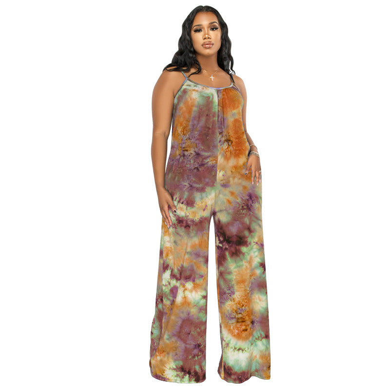 Plus Size New Tie-Dyed Printed Sling Casual Pants Straight Stylish Loose Jumpsuit