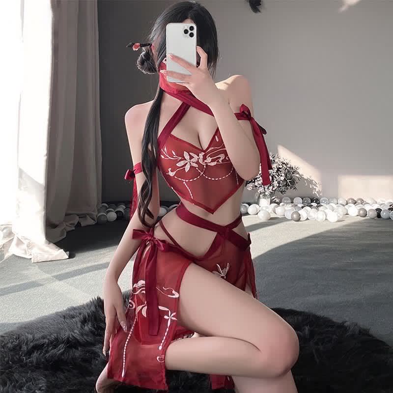 Han Costume Vintage Embroidery See Through Split Lingerie Set