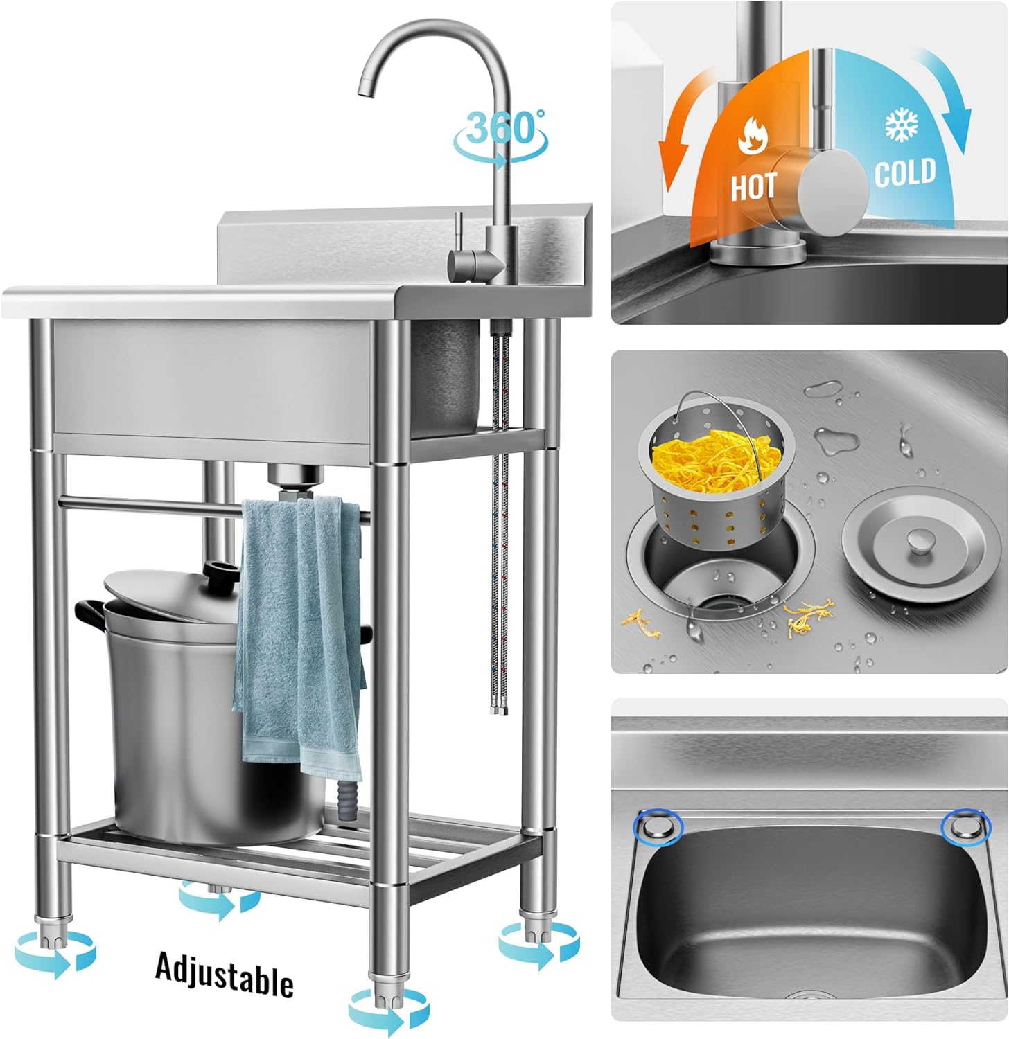 Worcest Utility Sink Free Standing Single Bowl Kitchen Sink with Cold and Hot Water Pipe