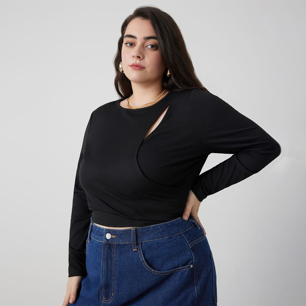 Plus Size Autumn Winter Women Simple Sexy Cutout T shirt Slim Long Sleeve Top
