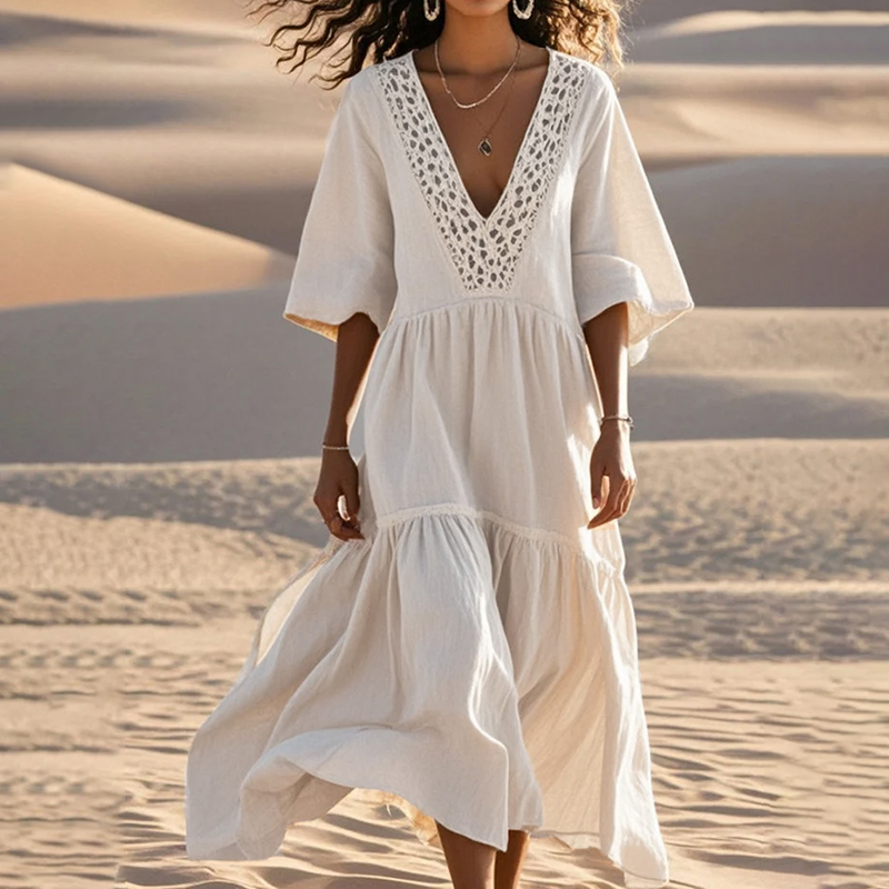 Women's Loose White Lace Patchwork Cotton Holiday Hollow Out Spring Dress