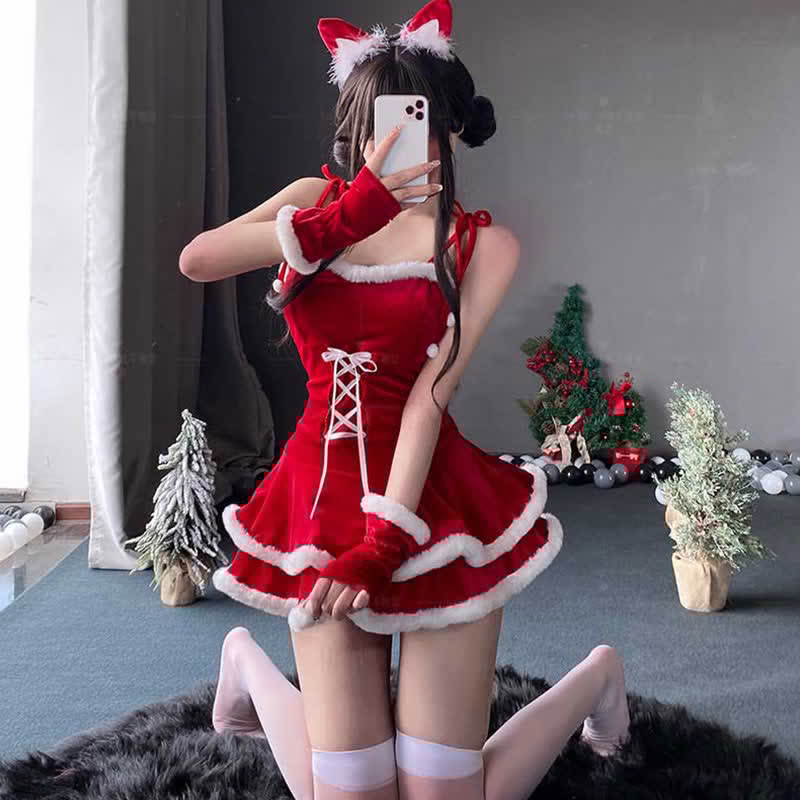 Christmas Bunny Ears Hooded Cloak Velvet Lingerie Set
