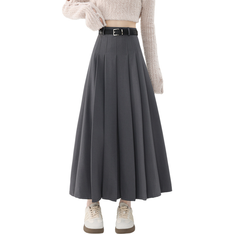 High waist show thin pleated skirt belt suit skirt