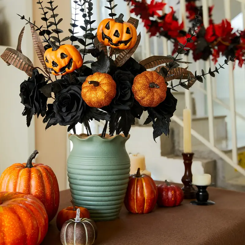 🏆Flash Sale⚡Artificial Fall Flowers-Halloween Pumpkin Bunch with Black Maple Leaves,Rose,Feathers- UV resistant, Waterproof, Windproof