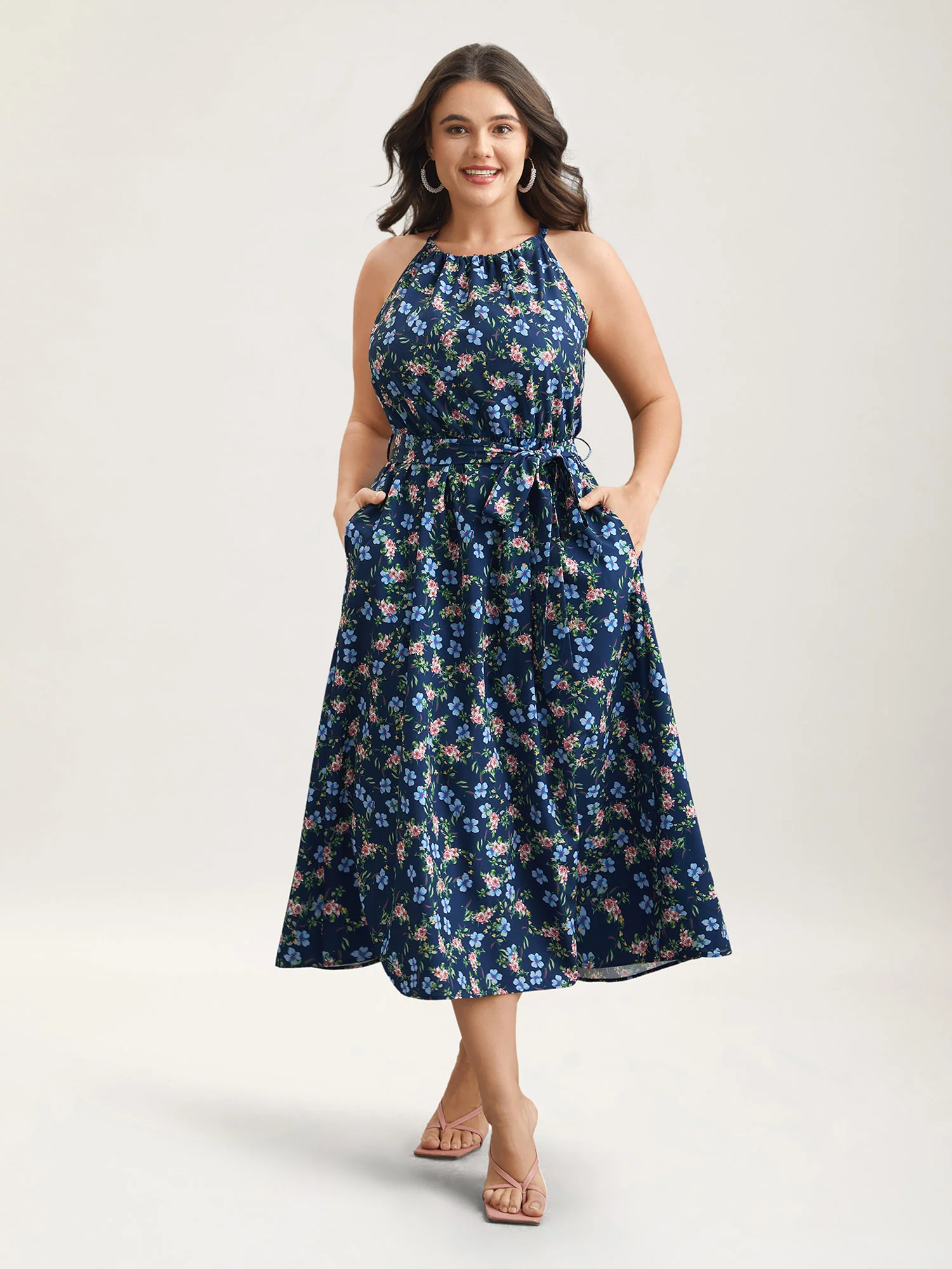 Floral Print Belted Stretchy Waist Midi Dress