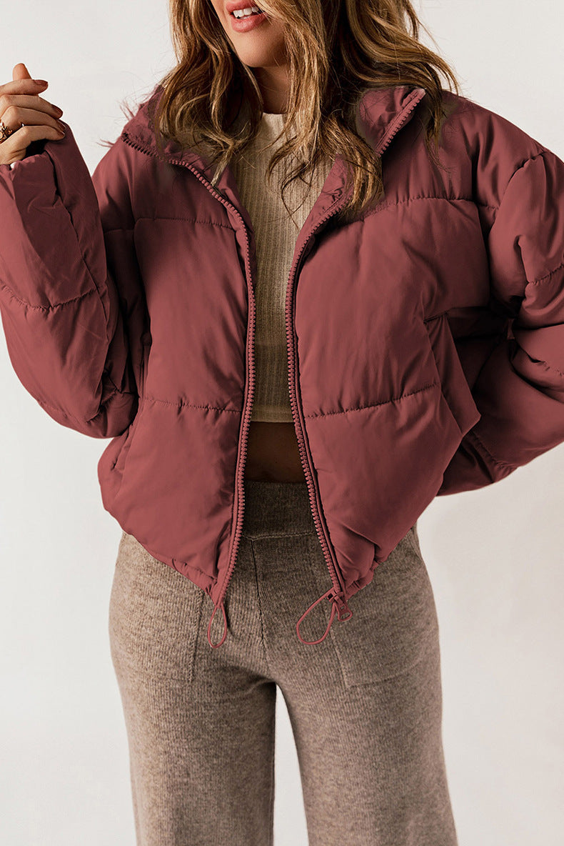 Casual All Matching Solid Color Warm Keeping Cotton Padded Coat Women Winter Stand Collar Thick Zipper Jacket Women
