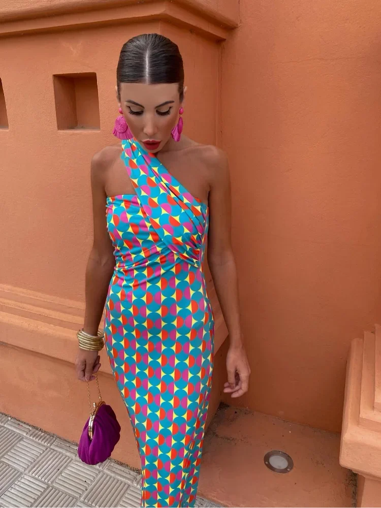 Colorful Asymmetric Neckline Dress
