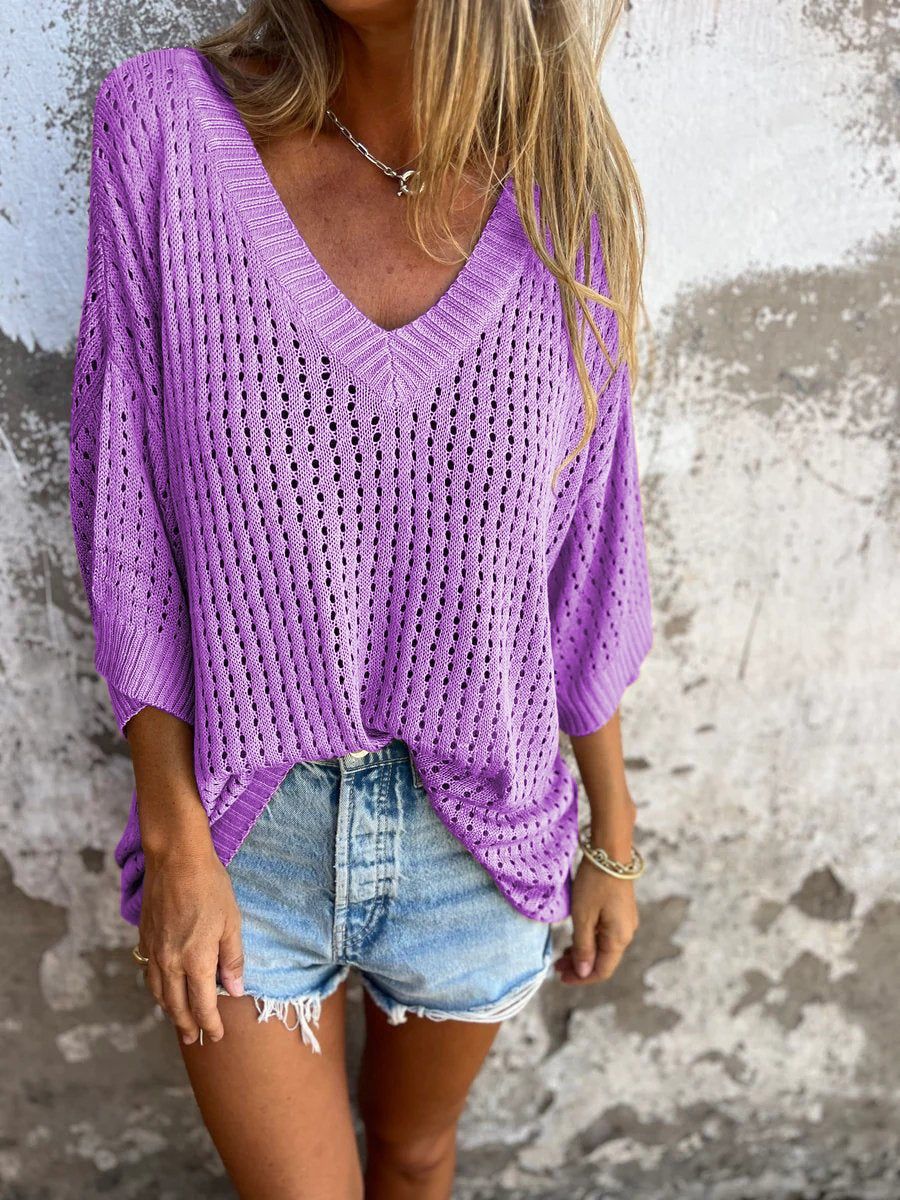 Women's Long-Sleeved Knitted Mountain Idle Style Outer Match with Hollow Out Design