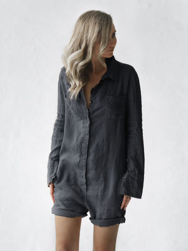 Button Up Short Linen Jumpsuit
