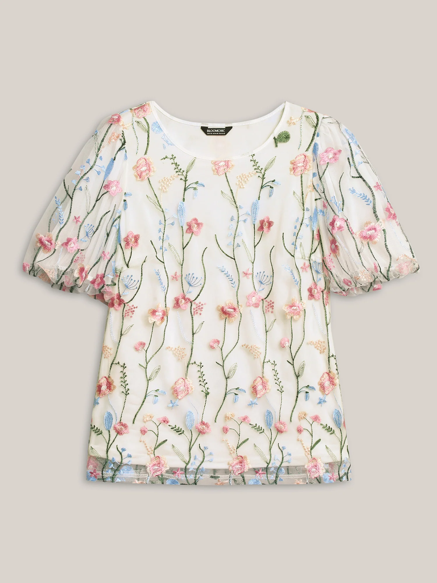 Floral Embroidered Mesh Bubble Sleeve Blouse