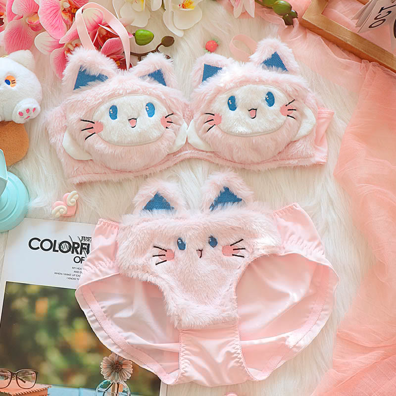 Kawaii Kitty Ear Hairball Embroidery Plush Lingerie Set