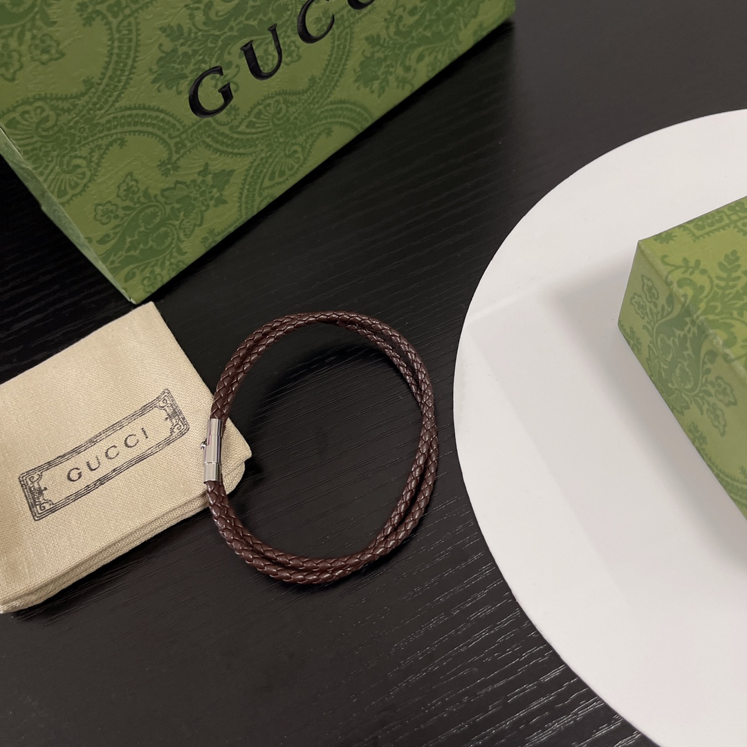 Gucci Brown Leather Braided Bracelet