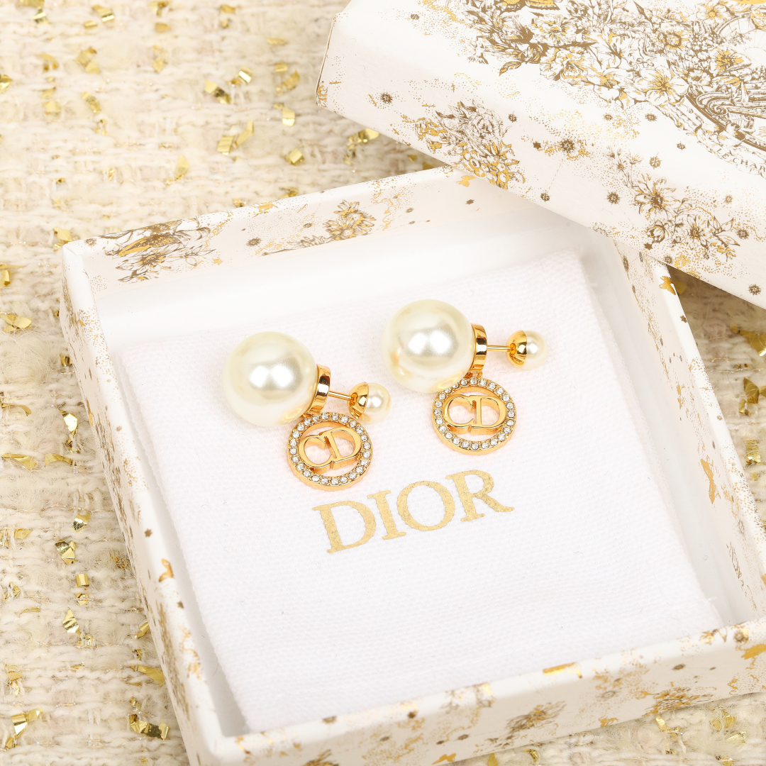 Dior Round Crystal CD Double Ball Pearl Earrings