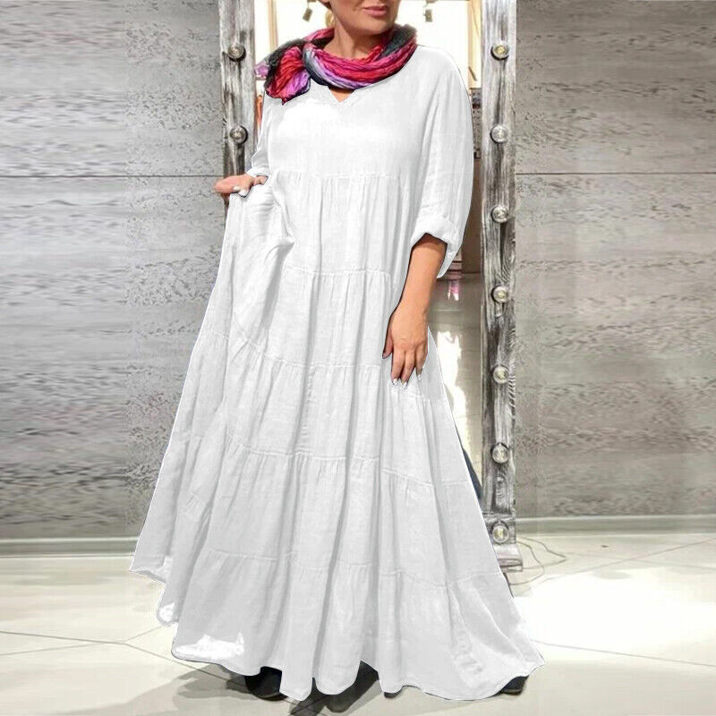 Women's Extra Long V-Neck Layered A-Line Dress with Long Sleeves