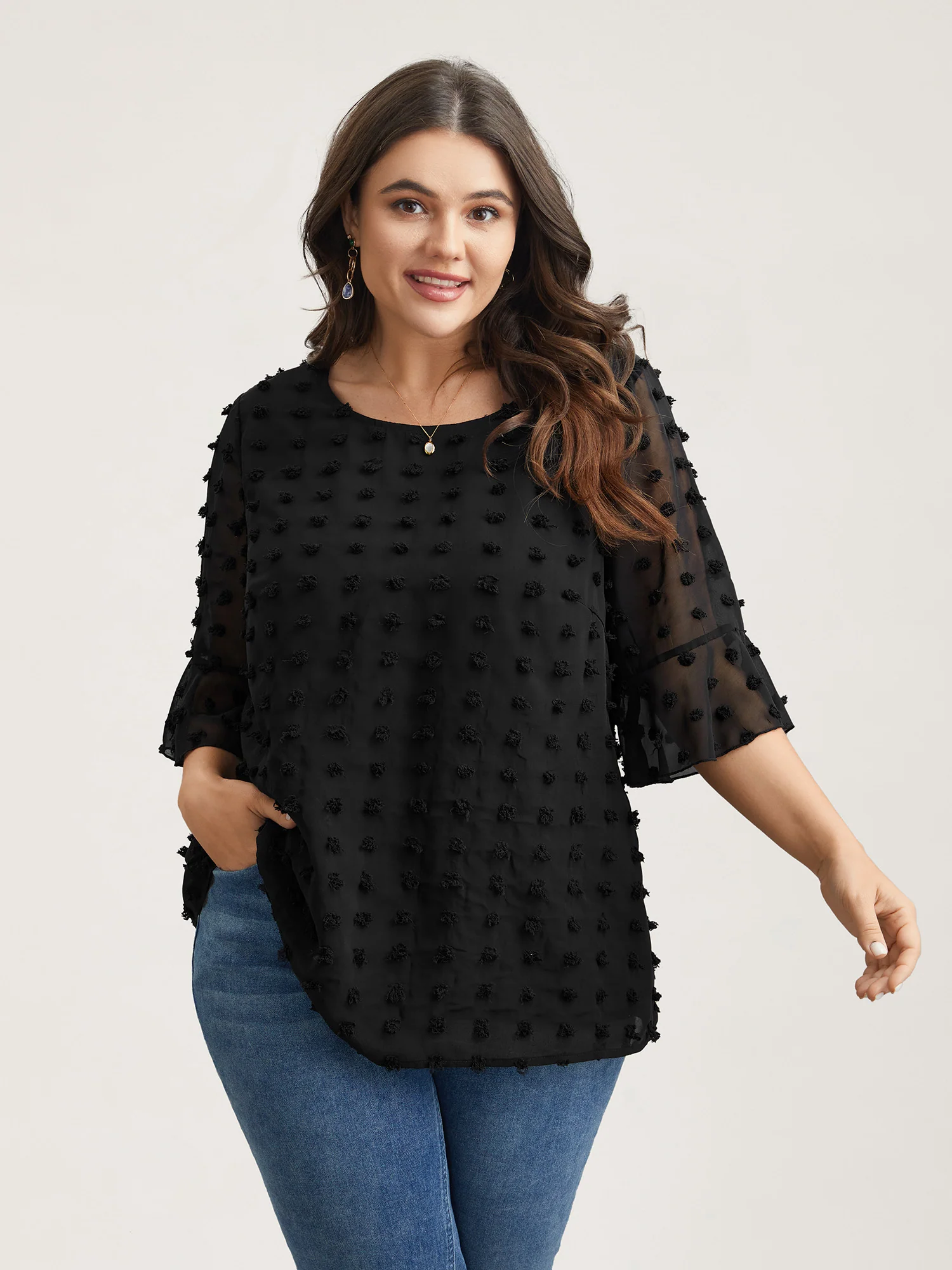 Chiffon Polka Dot Round Neck Shirt