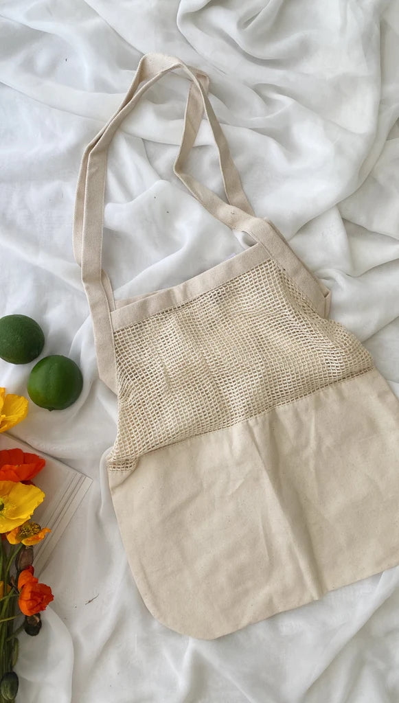 Beige Mesh Paneled Canvas Bag
