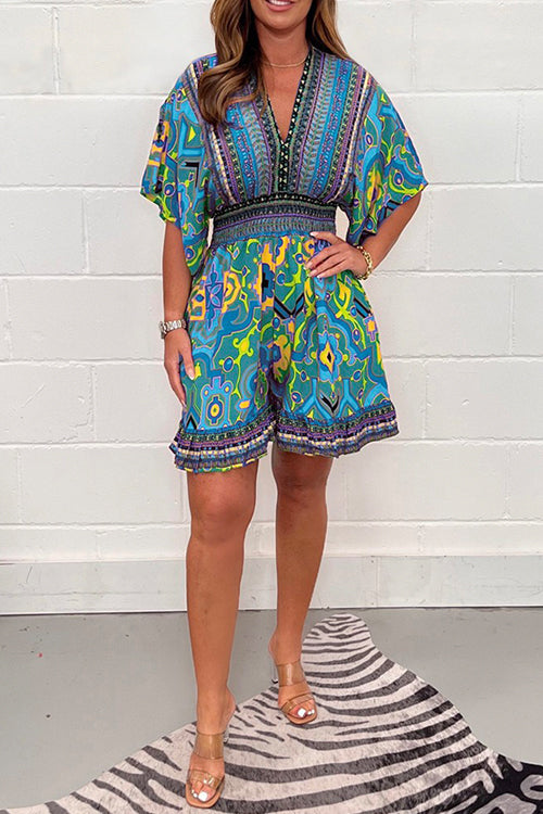Heididress V Neck High Waist Wide Leg Printed Ruffle Romper