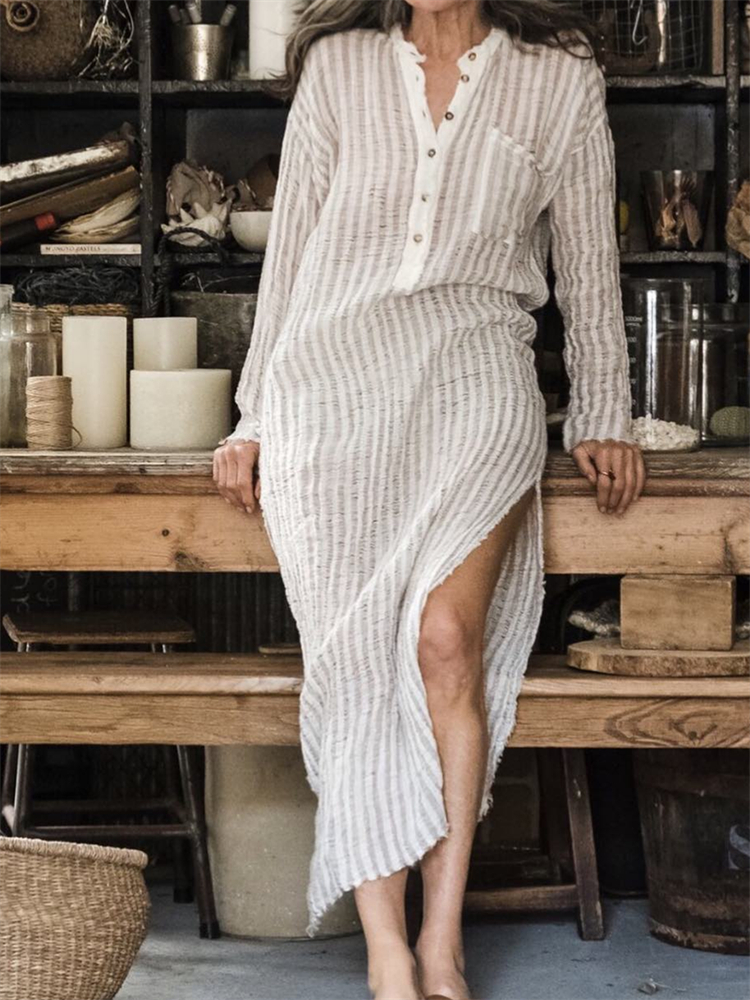 Patch Pocket Button Up Striped Maxi Shirt Dress