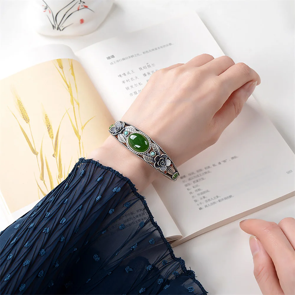 Natural Hotan Jade Luxury Women's Bracelets Bangles Red Agate Turquoise Carved Flowers Vintage New In Bracelets Punk Jewelry