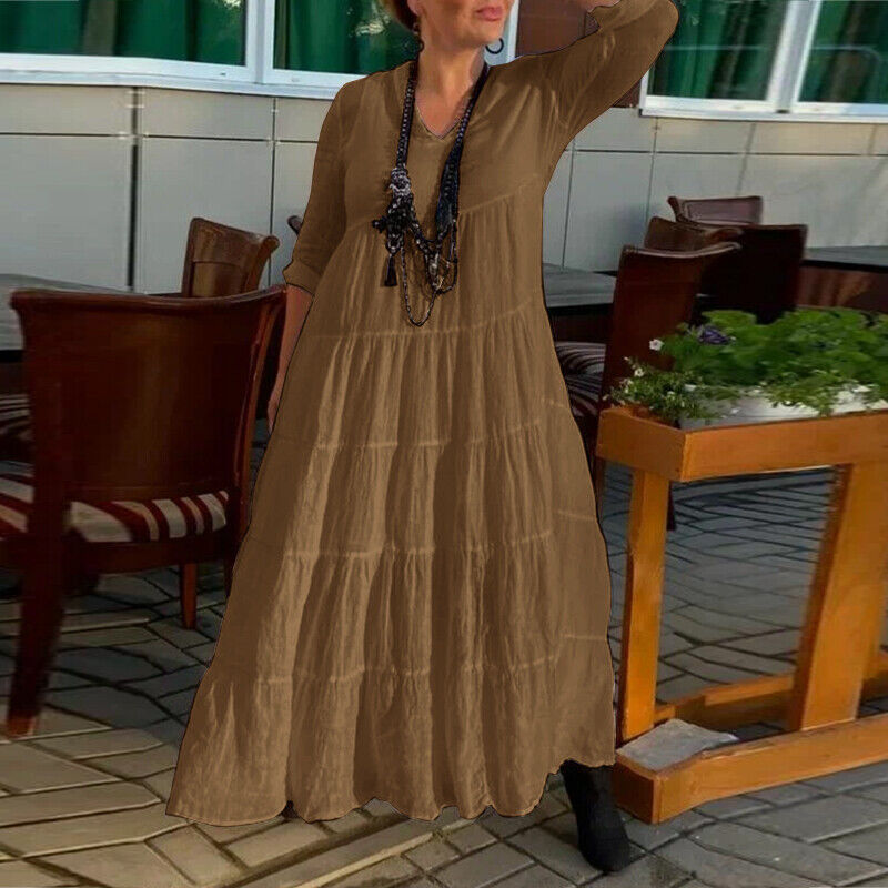Women's Extra Long V-Neck Layered A-Line Dress with Long Sleeves