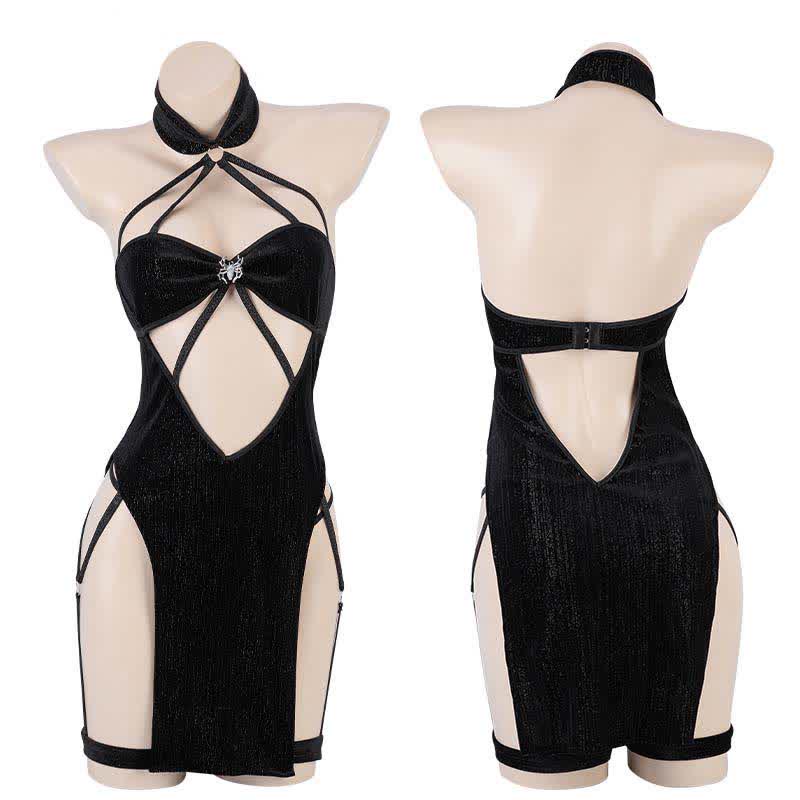 Hollow Out Lace Up Halter Cheongsam Dress Lingerie