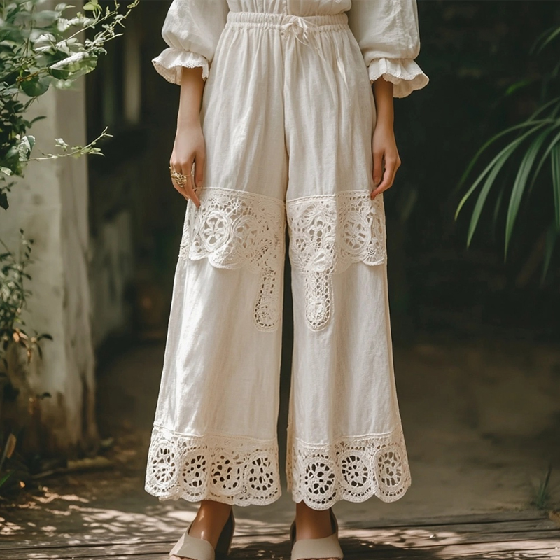 Vintage Hollow Floral Lace Patchwork Comfy Linen Pants