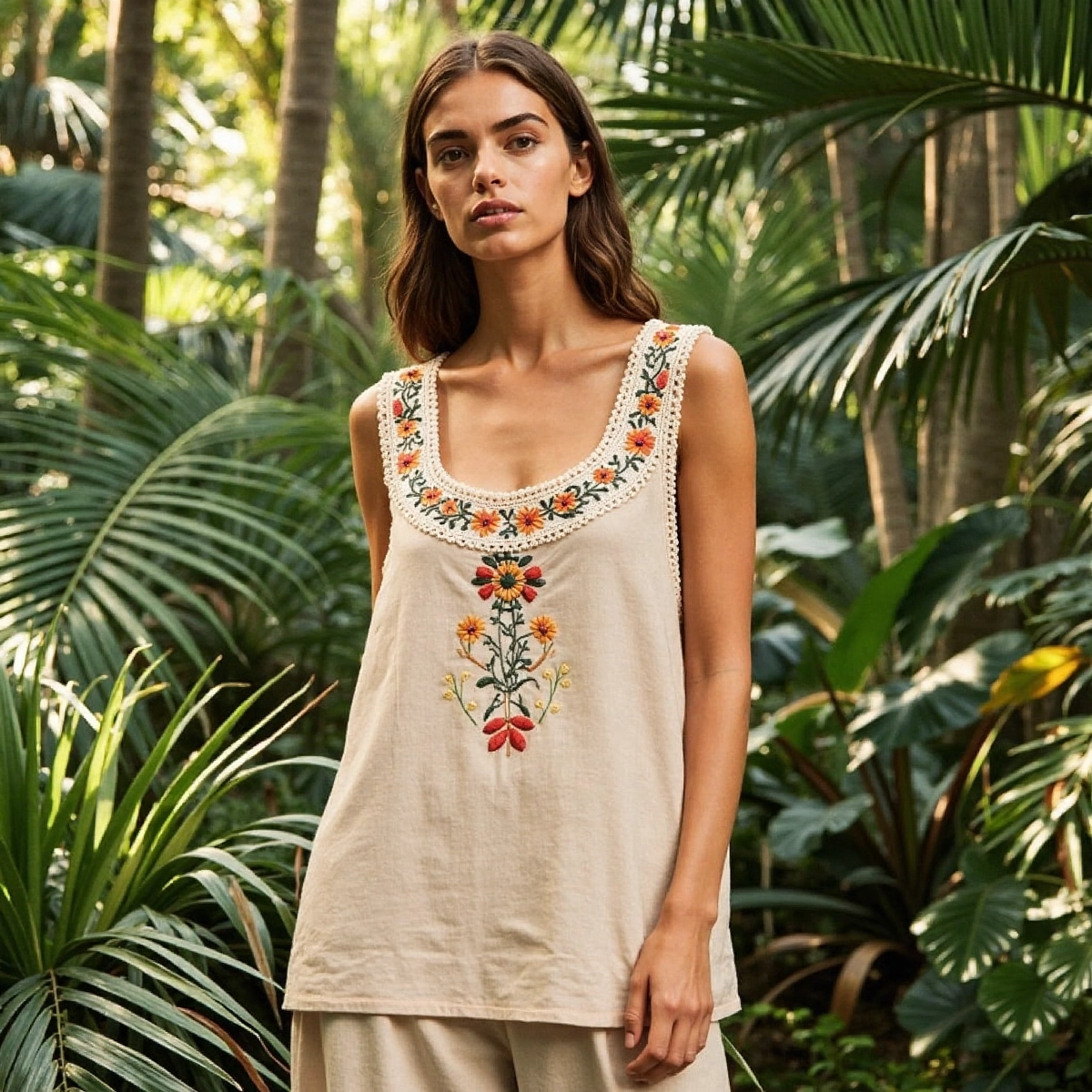 Women's Bohemian Floral Embroidery Art Linen Sleeveless Top