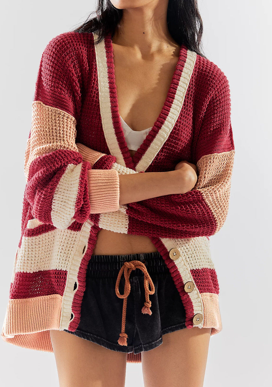 Plus Size Knitted Coat with Pockets – Color Matching Cardigan Sweater