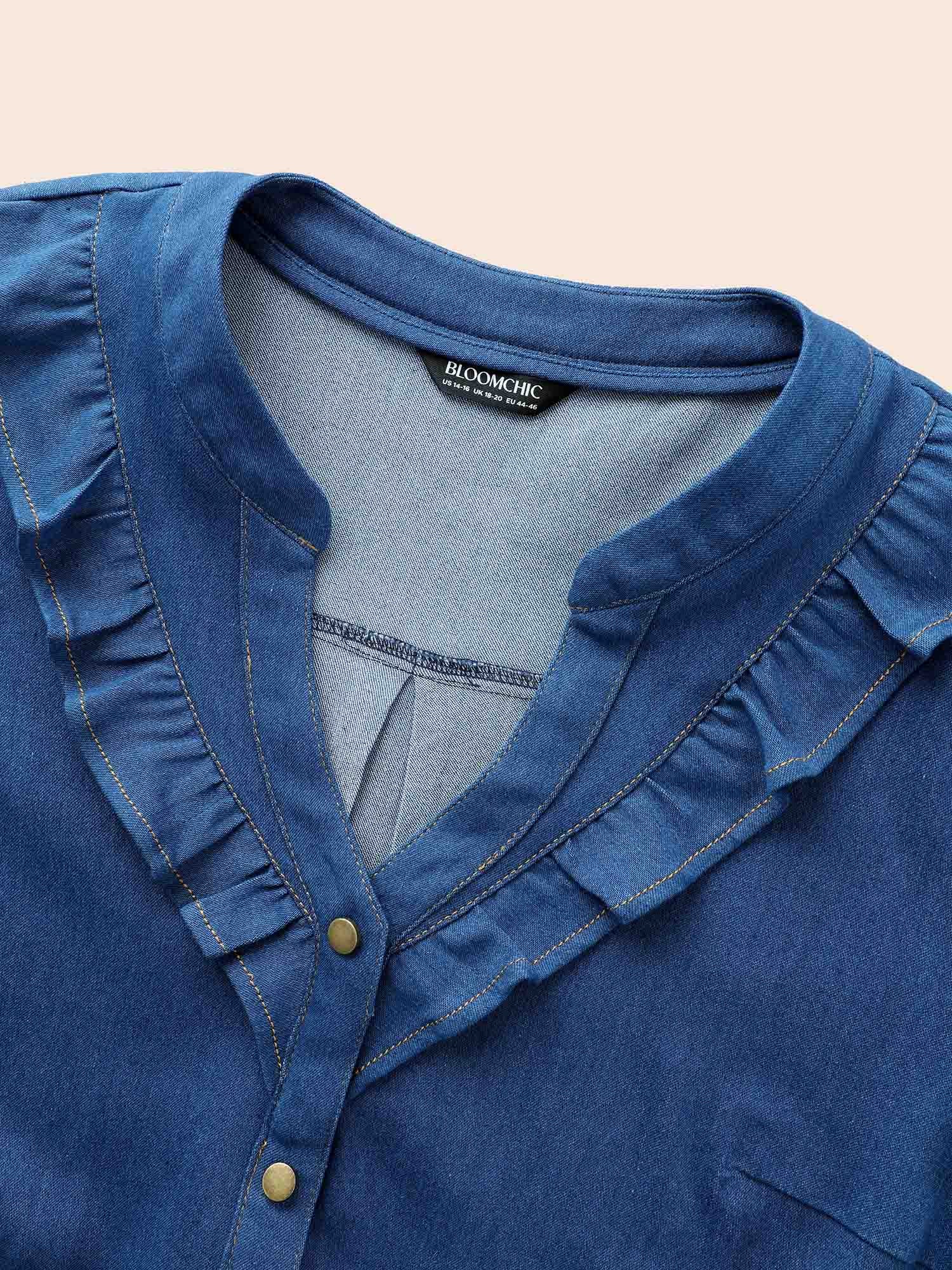 Stretch Denim Lotus Leaf Neckline Shirt