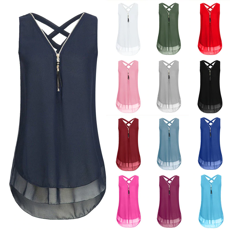V-Neck Sleeveless Cross Strap Loose Chiffon Shirt Tank