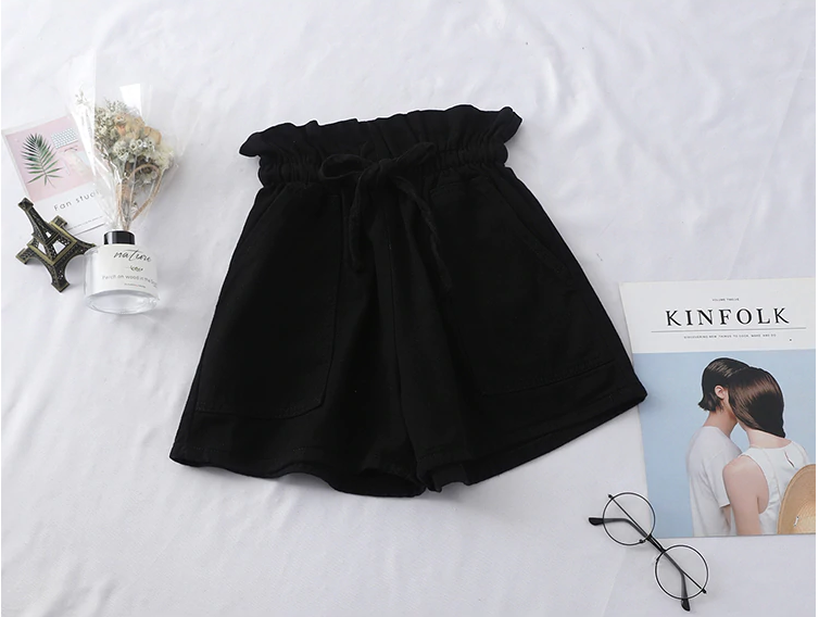 High Elastic Waist Denim Belt Tie Shorts