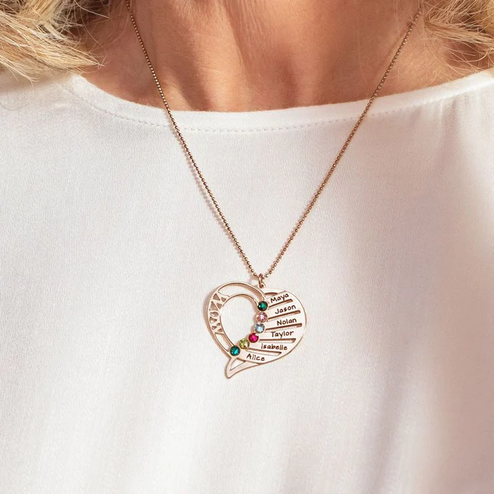 Engraved Mom Heart Birthstone Necklace