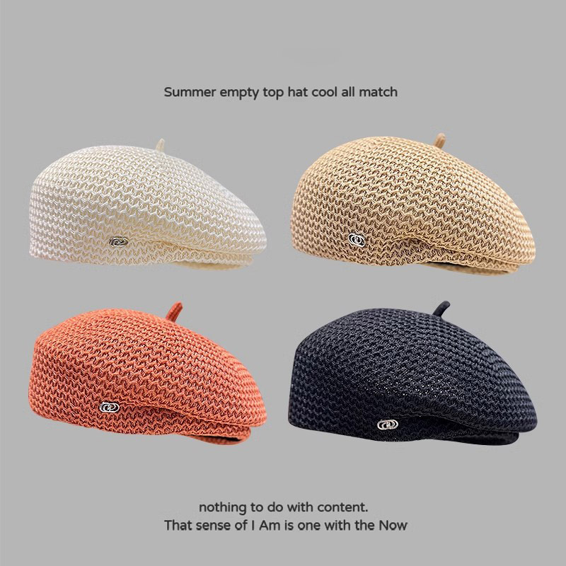 New Japanese styling hollowed out beret ladies temperament small breathable thin mesh painter hat black hat