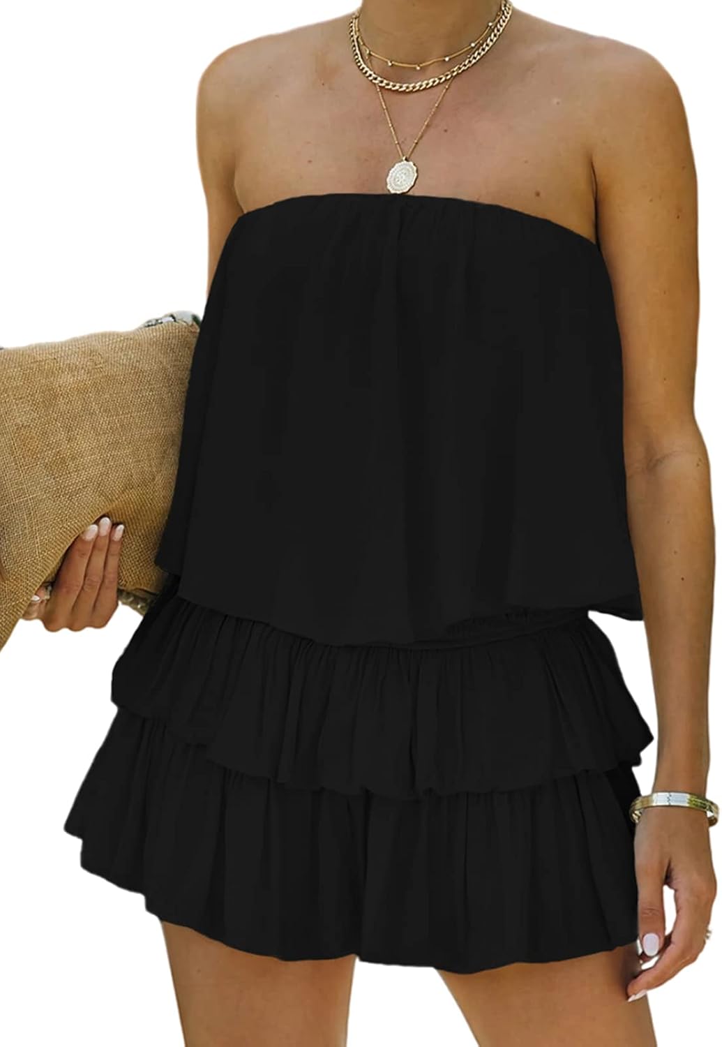 MIRACMODA Women Off The Shoulder Romper Flowy Strapless Smocked Jumpsuit Playsuits Dress