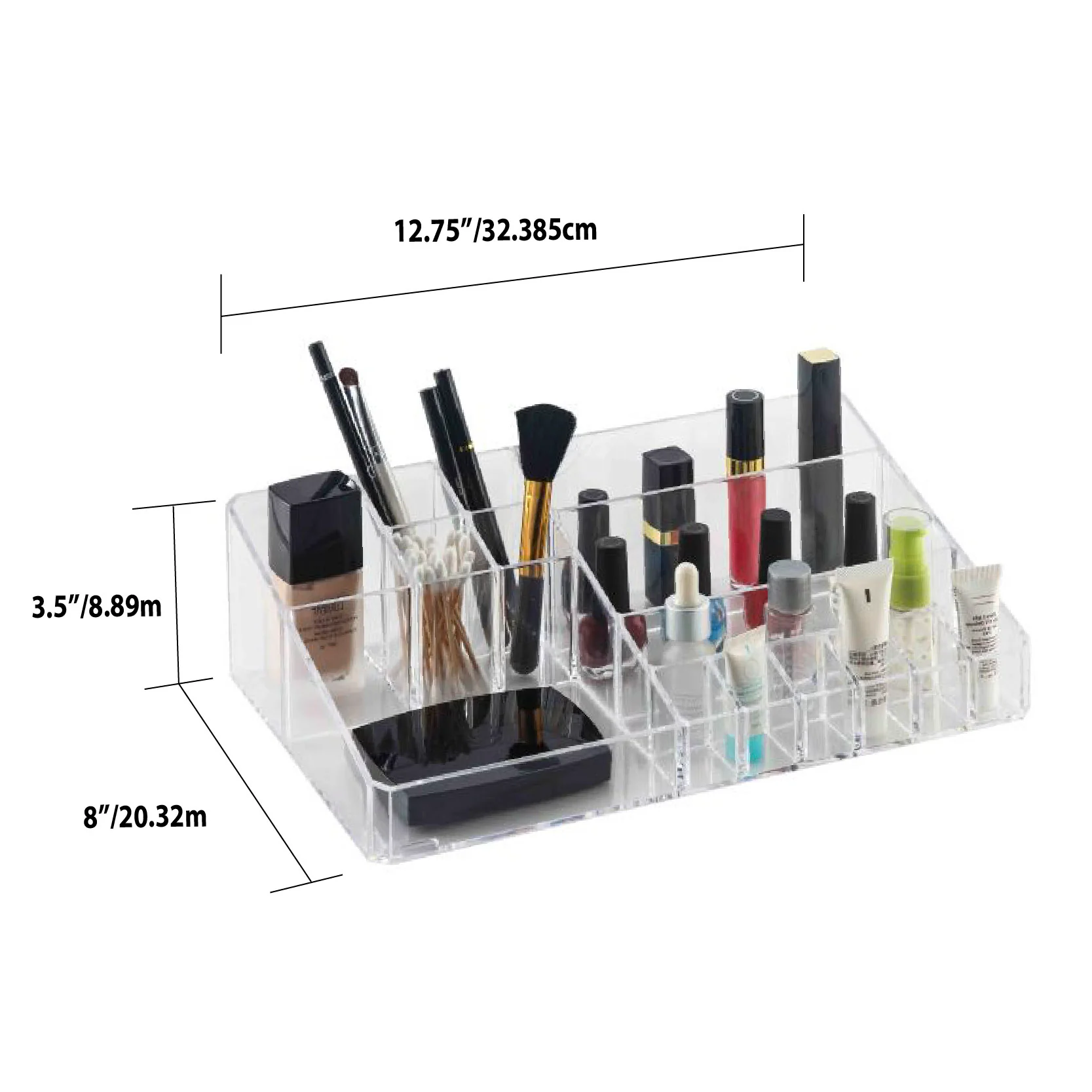 Home Basics Make-Up Tray With Lip Stick Holder, 20 Compartments, Clear, 12.75x3.5x8 Inches