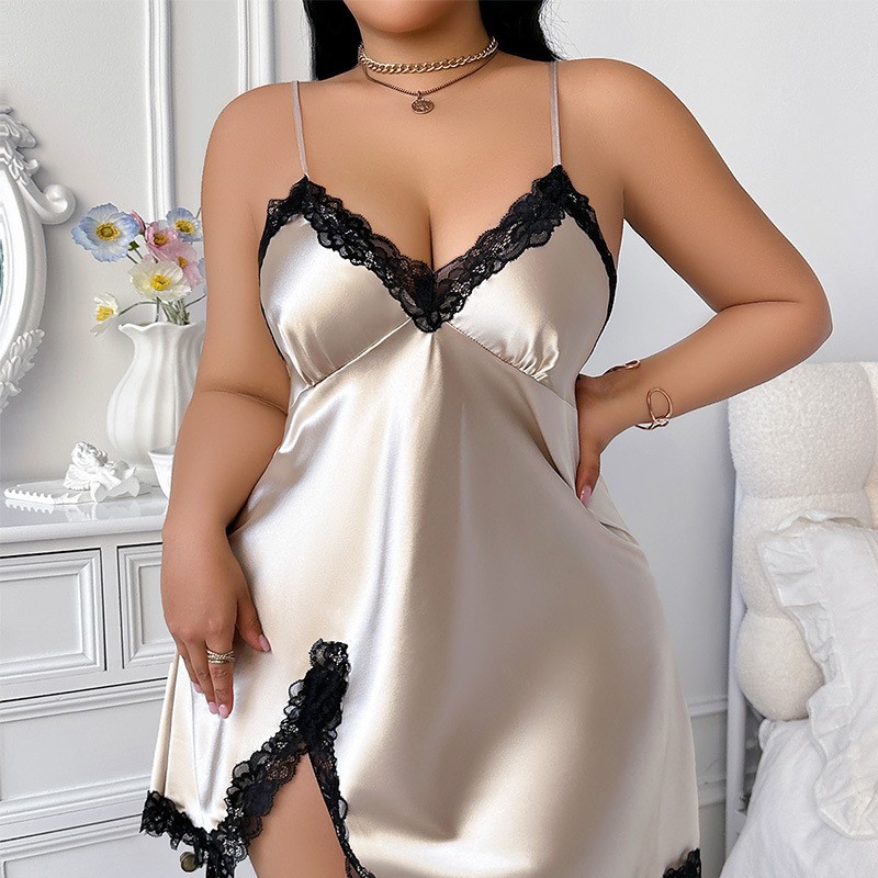 Plus Size Women's Sexy Lace Slit Design Silk Suspender Sleeveless Dress