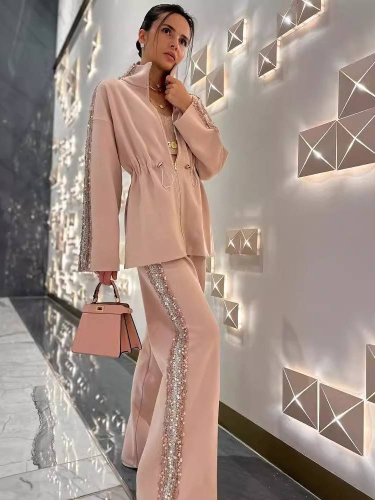 Contrast Drawstring Elastic Top Casual Pants Sequined Suit