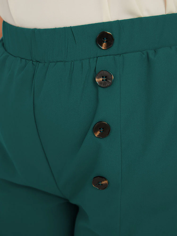 Solid Pleated Button Detail Straight Leg Pants