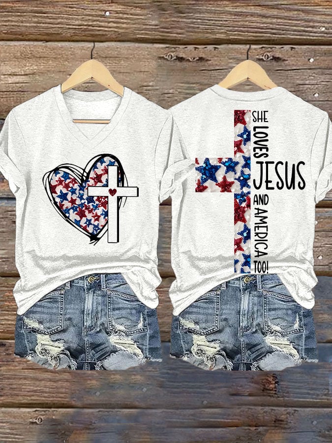 Women's She Jesus And Love America Too!  Print V-Neck T-Shirt