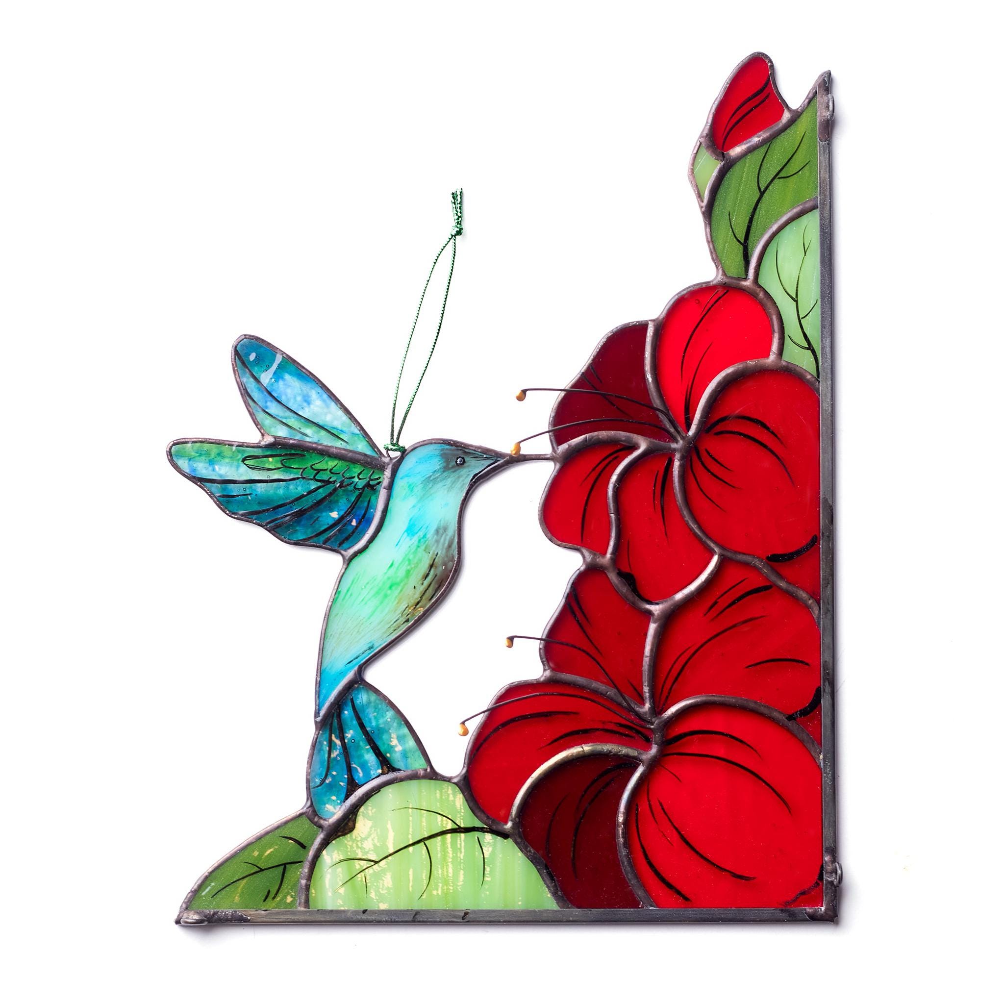 🔥2025 ON SALE🔥Stained Glass Hummingbird Window Corner with Red Hibiscus Flowers