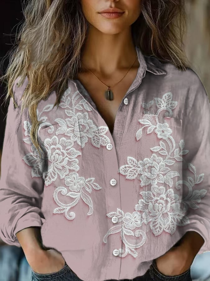Women's Casual Vintage Floral Cotton and Linen Shirt