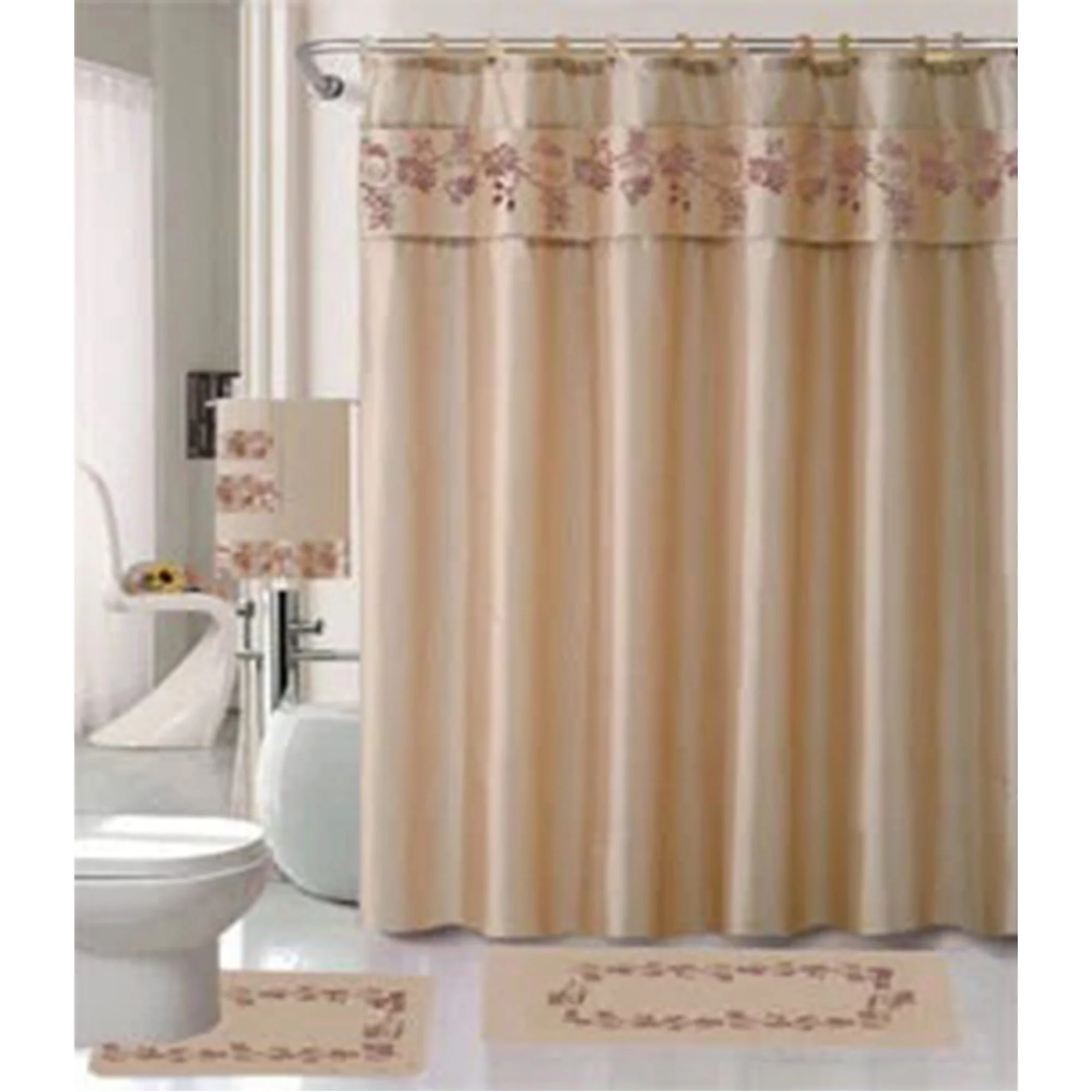 All For You 18 Piece Embroidered Non-Slip Bath Rug, Shower Curtain and Towel Set