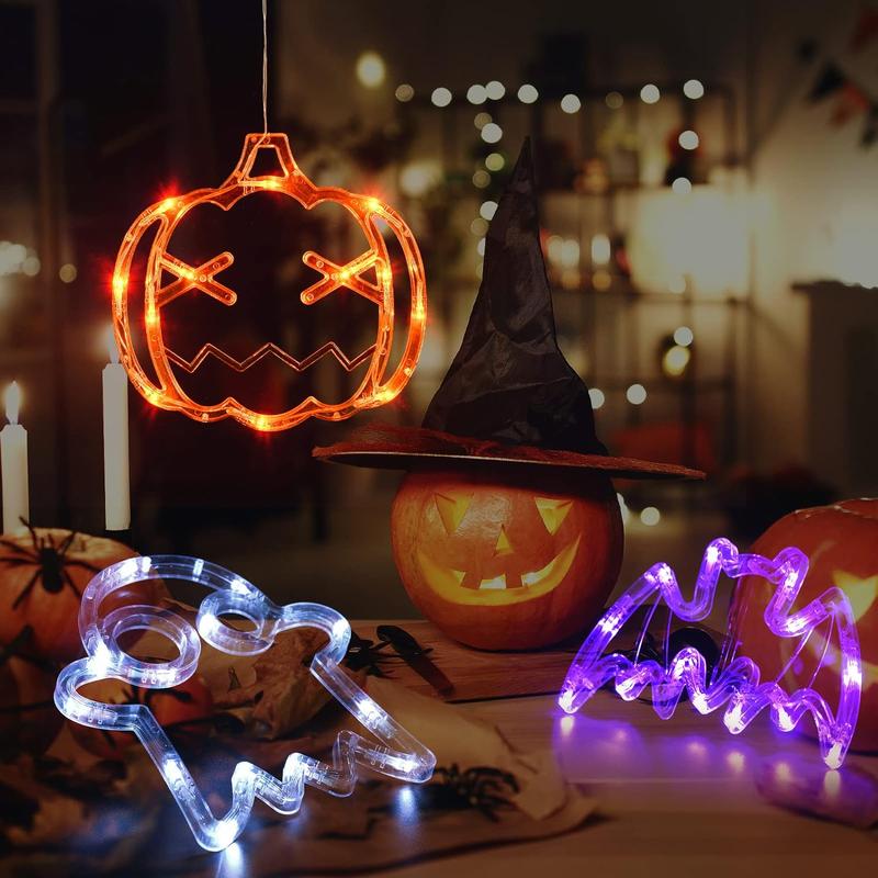 🌟🎃3 Pack Orange Pumpkin, White Ghost, Purple Bat Halloween Window Lights