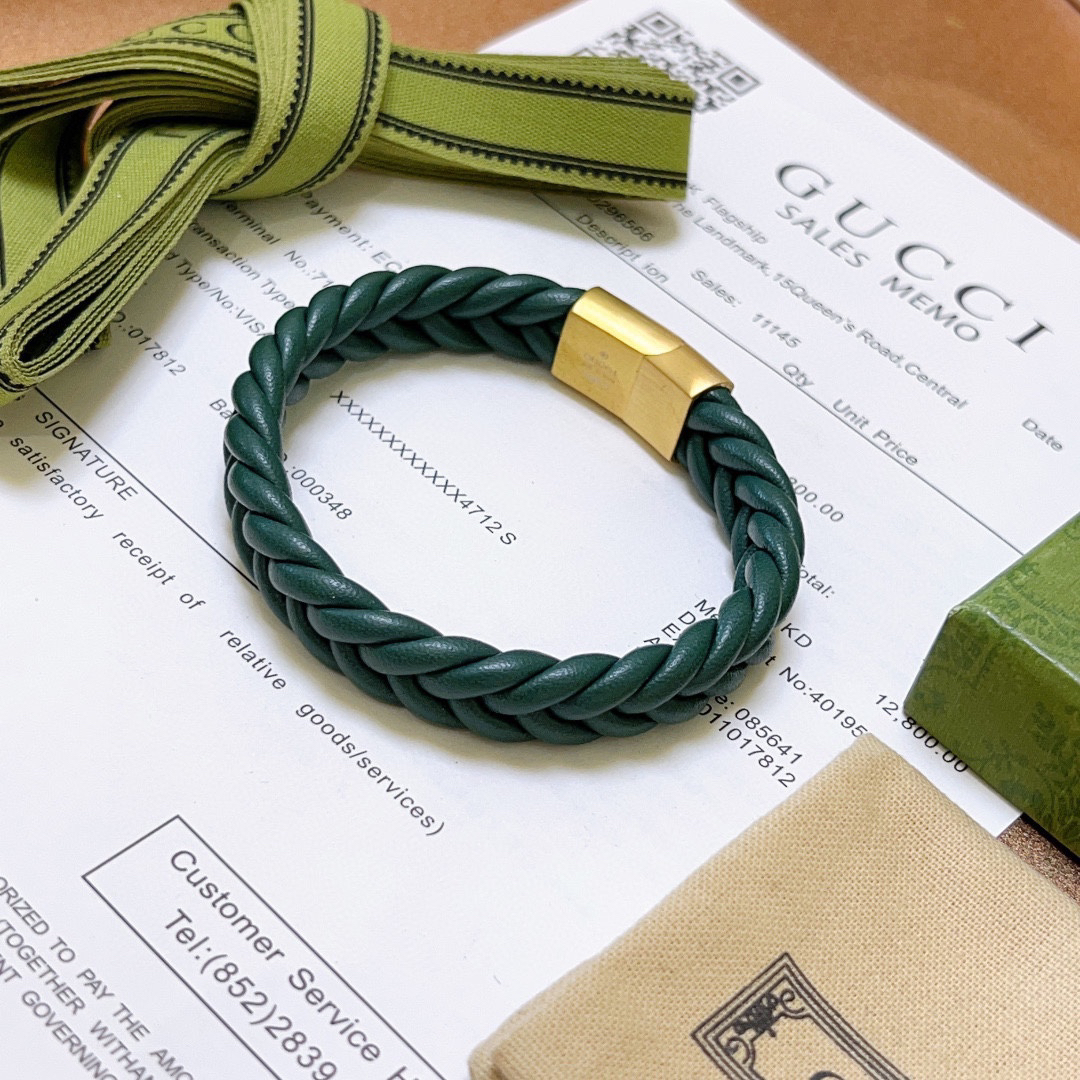 Gucci Green Leather Braided Bracelet